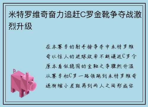 米特罗维奇奋力追赶C罗金靴争夺战激烈升级