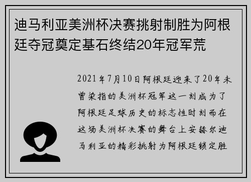 迪马利亚美洲杯决赛挑射制胜为阿根廷夺冠奠定基石终结20年冠军荒